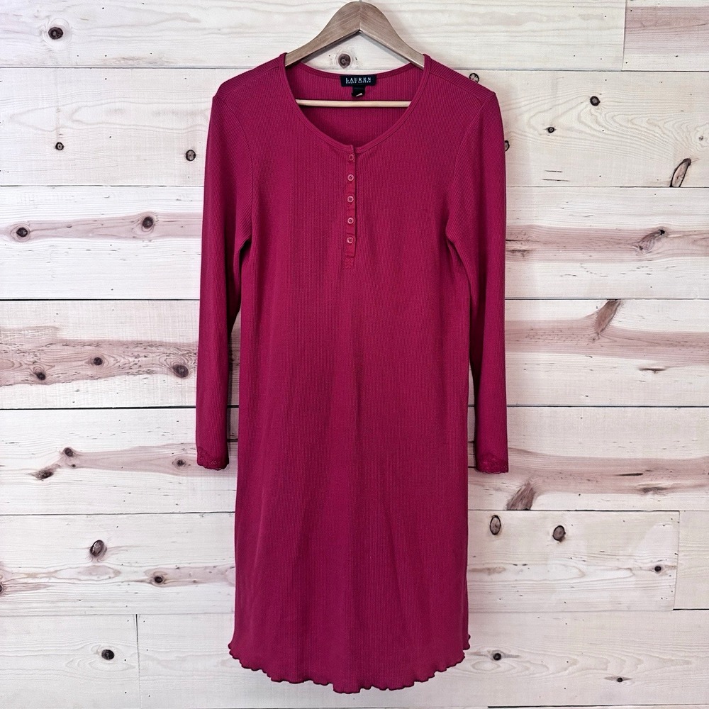 Lauren Ralph Lauren Women's Small Burgundy Long Sleeve Henley Nightgown‎